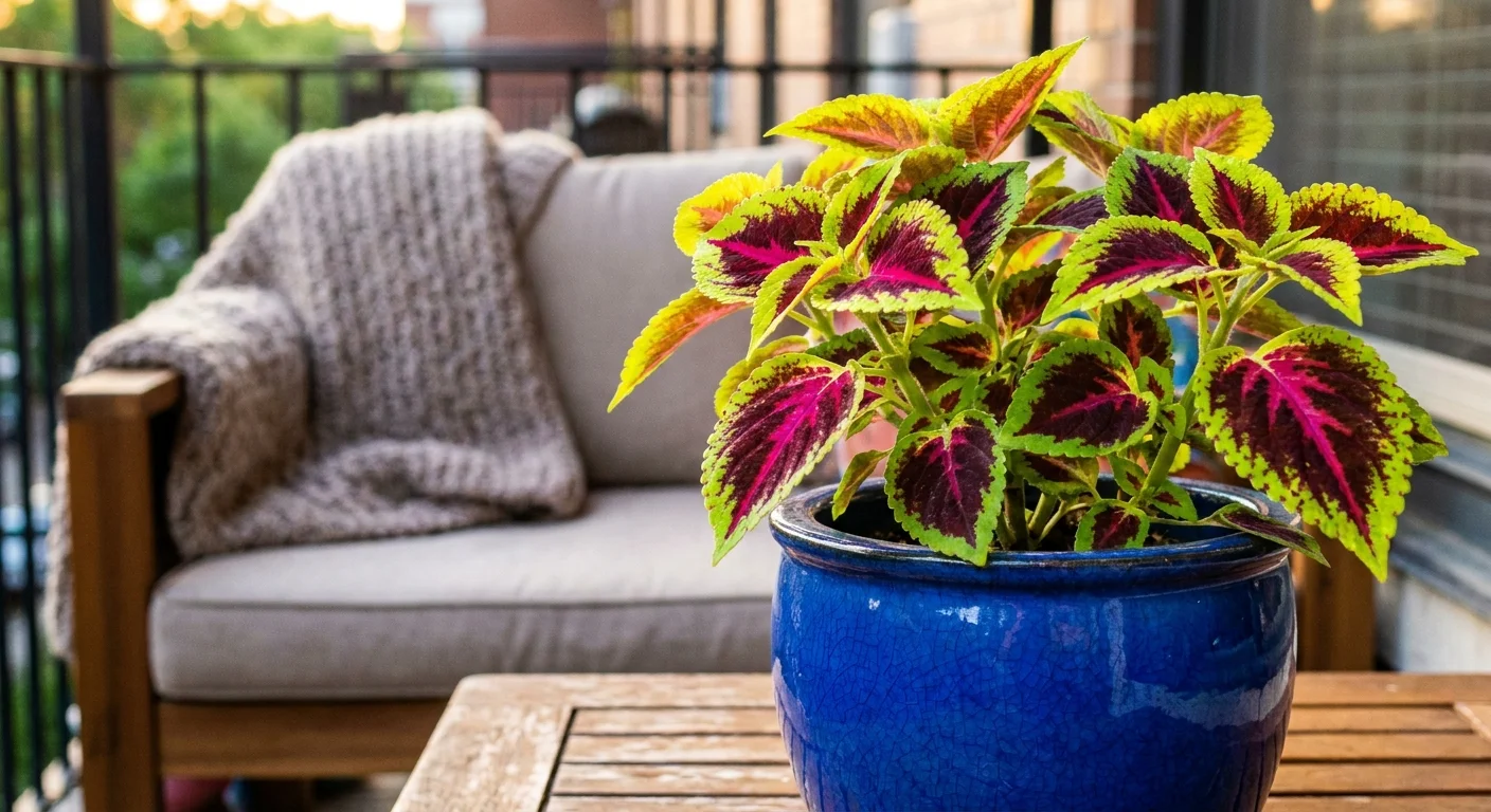 A brightly colored Coleus plant in a blue ceramic pot sitting on a wooden balcony table.