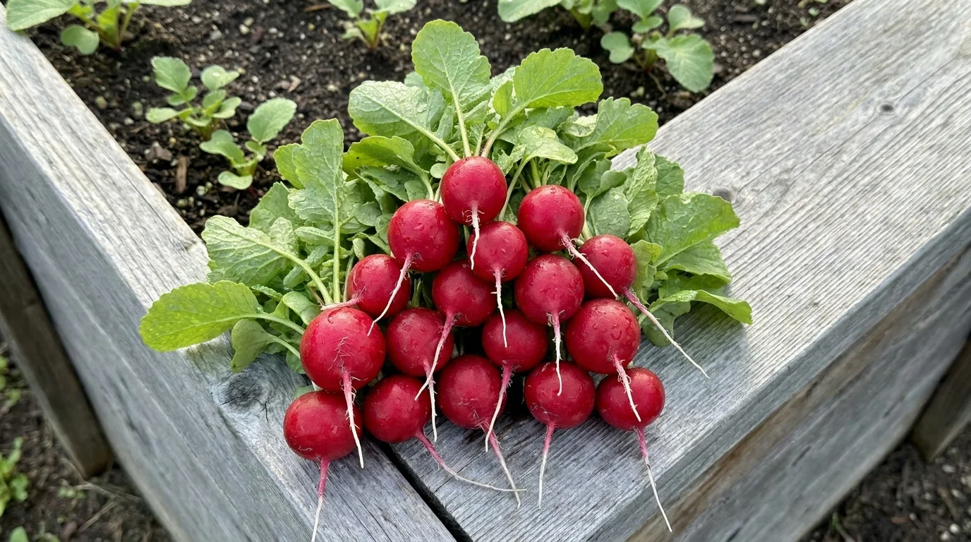 A bunch of freshly harvested red radishes with green tops sitting on the wooden edge of a garden bed.