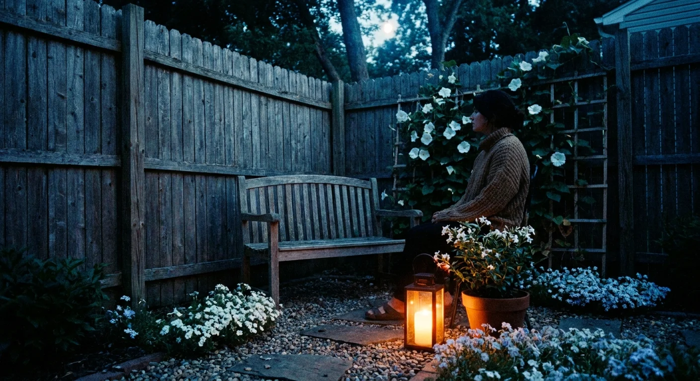 A cinematic photograph of a person sitting on a bench in a moon garden at night, illuminated by a small lantern and moonlight.