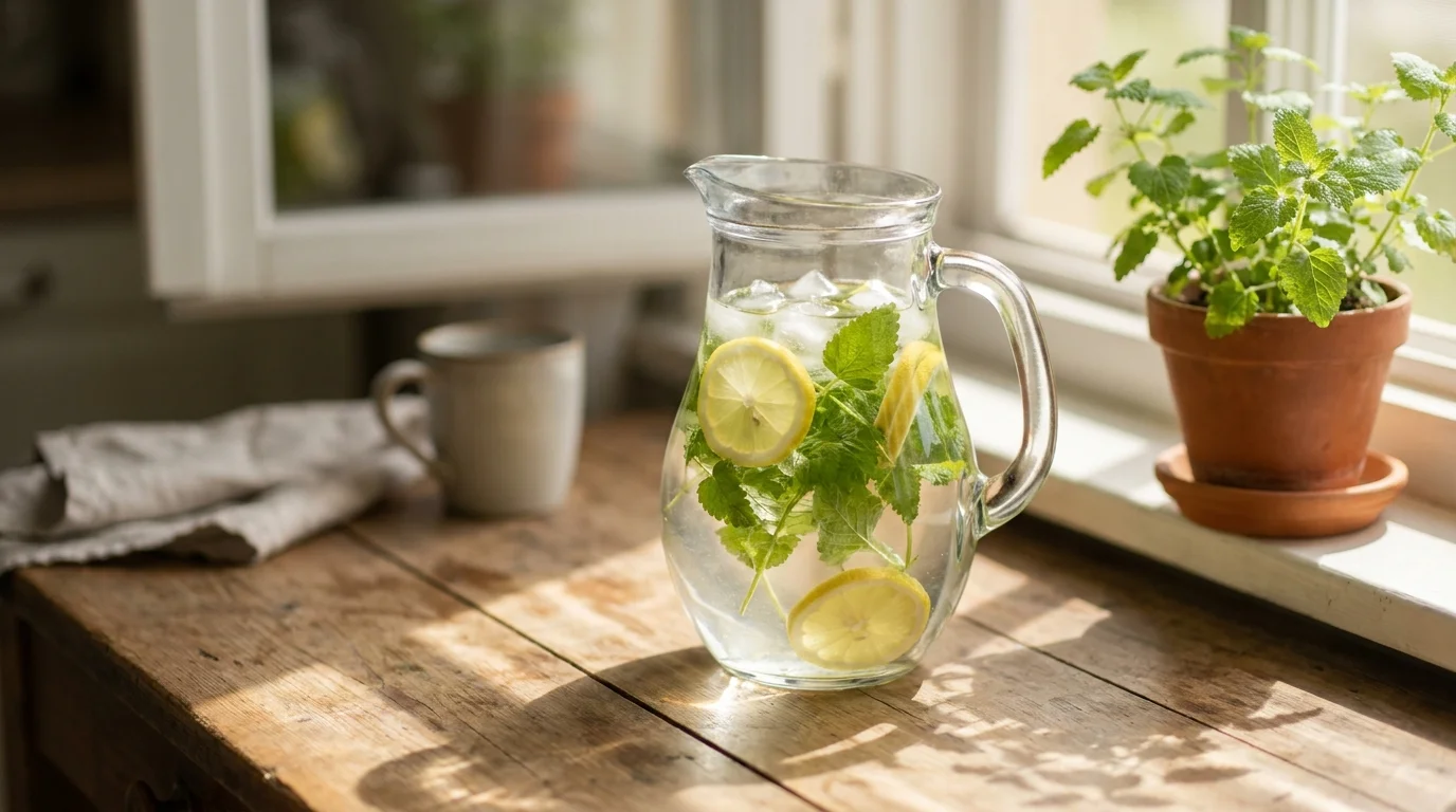 A clear pitcher of water with lemon balm and lemon slices on a wooden table in front of a sunny window.