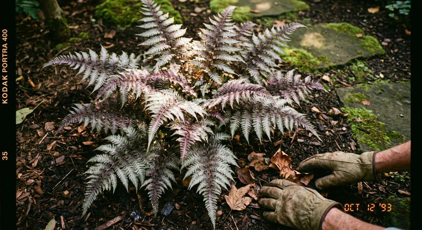 A close-up film photo of a silvery Japanese Painted Fern being tended by a gardener's hands.