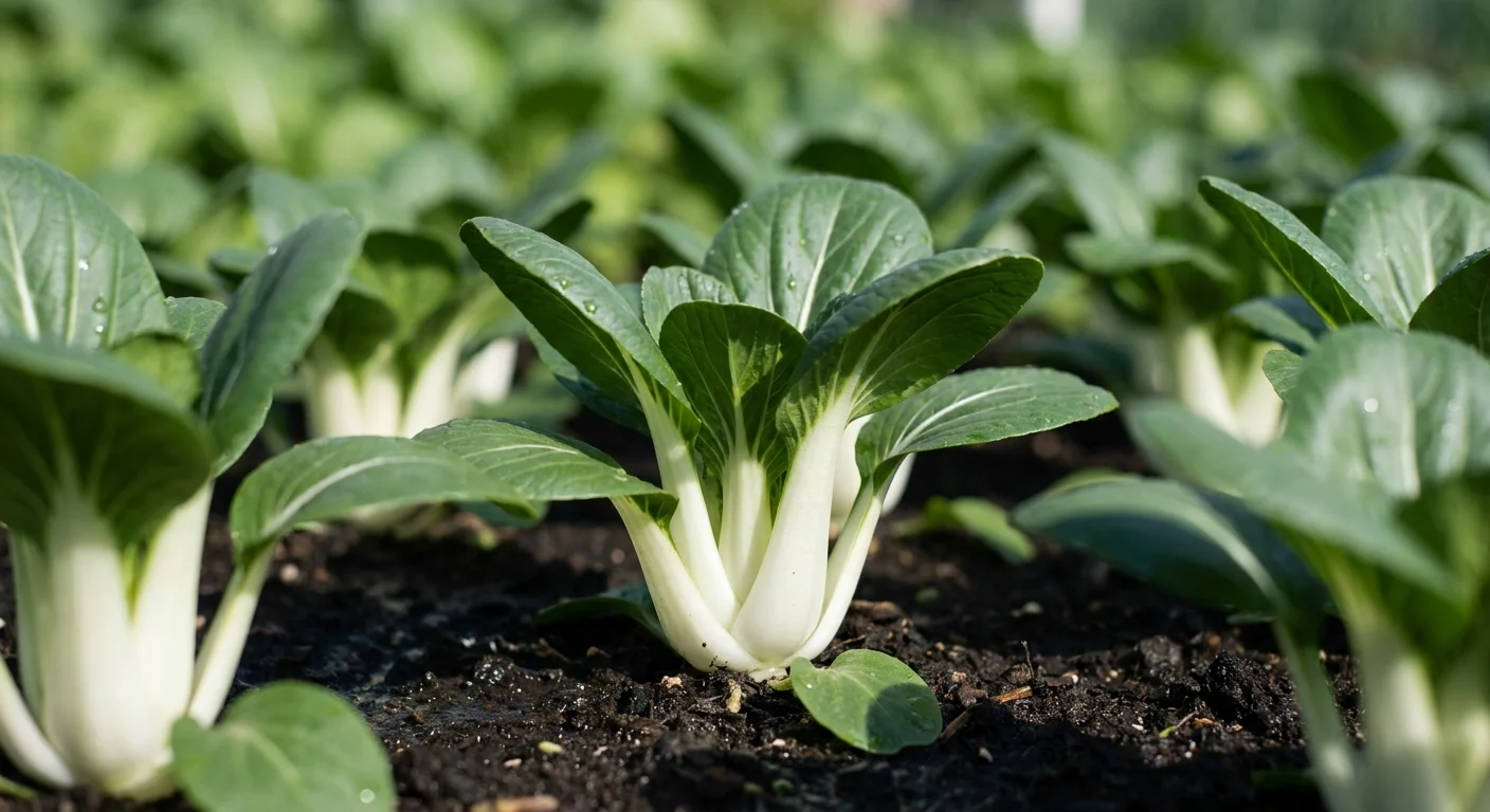 A close-up, low-angle photo of a crisp baby bok choy plant growing in dark, moist garden soil.