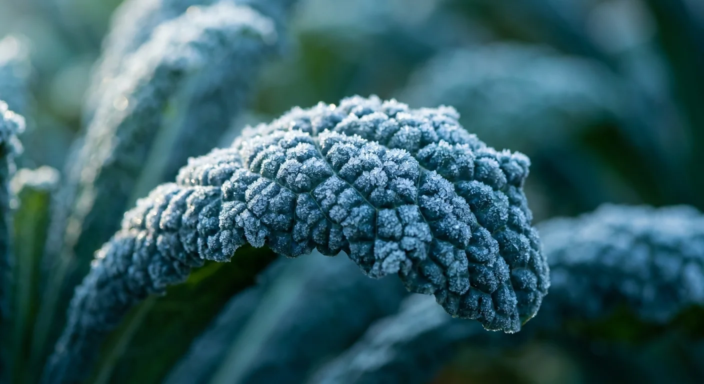 A close-up macro photo of frost crystals on a textured blue-green kale leaf.