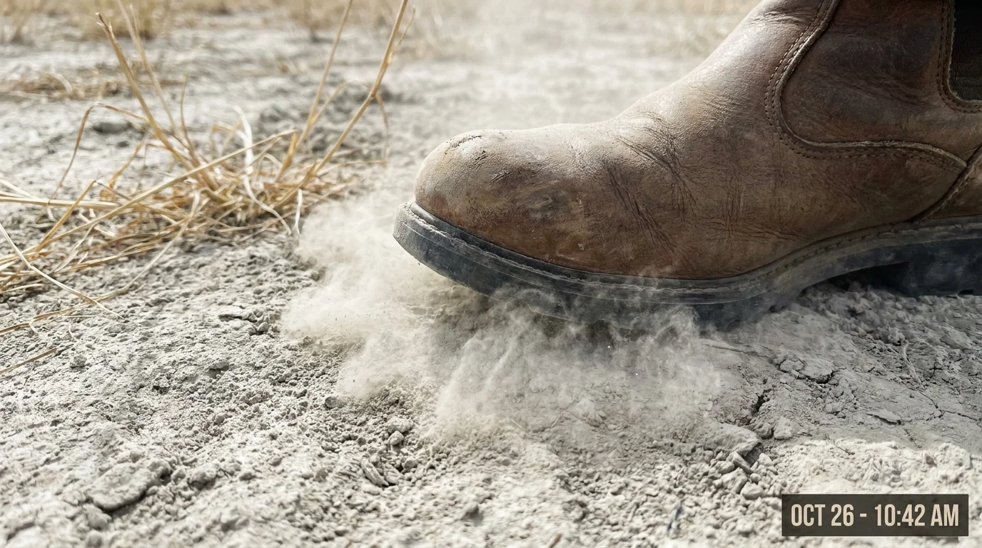 A close-up of a boot stepping on pale, powdery, dusty soil that lacks organic structure.