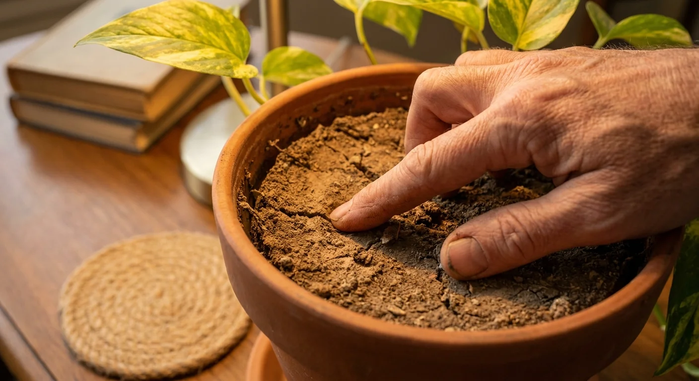 A close-up of a finger testing very dry, dusty soil that has pulled away from the edges of a plant pot.