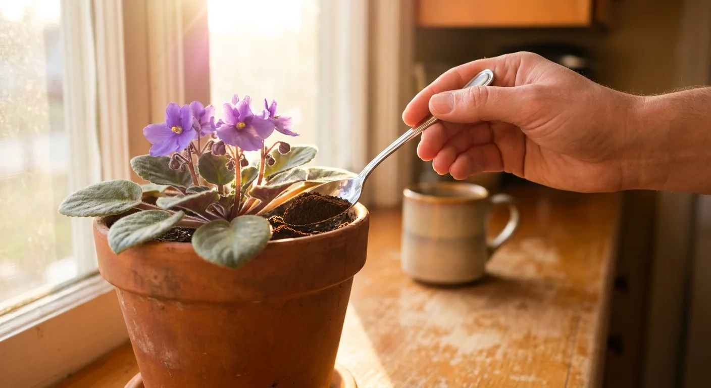 A close-up of a hand using a spoon to add coffee grounds to the base of a purple African Violet on a sunny windowsill.