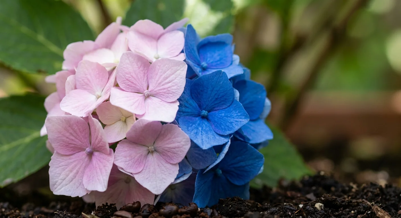 A close-up of a hydrangea flower head that is half pink and half blue, showing the effect of soil acidity.