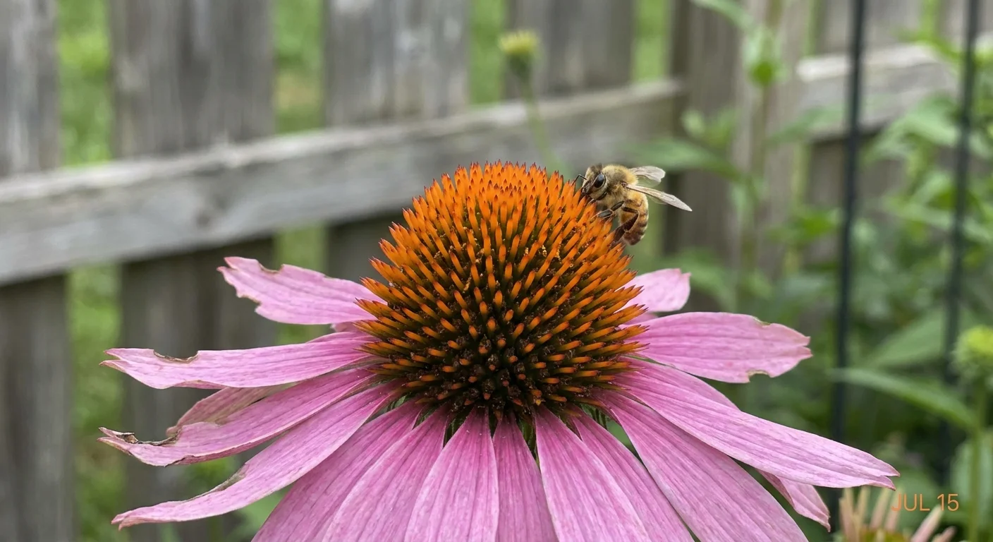 A close-up of a purple coneflower with a honeybee on its central orange cone.