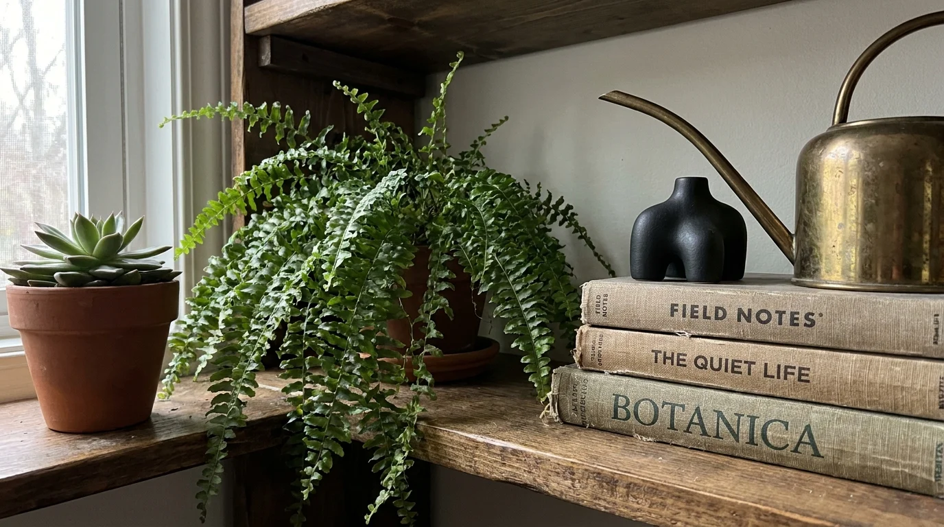 A close-up of a shelf featuring a mix of green plants, vintage books, and a decorative brass watering can.