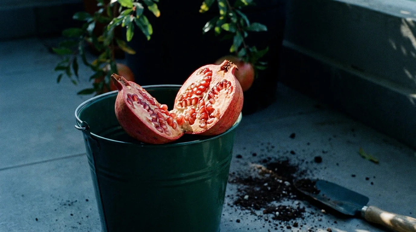 A close-up of a split pomegranate showing the red seeds, sitting on the edge of a gardening bucket.