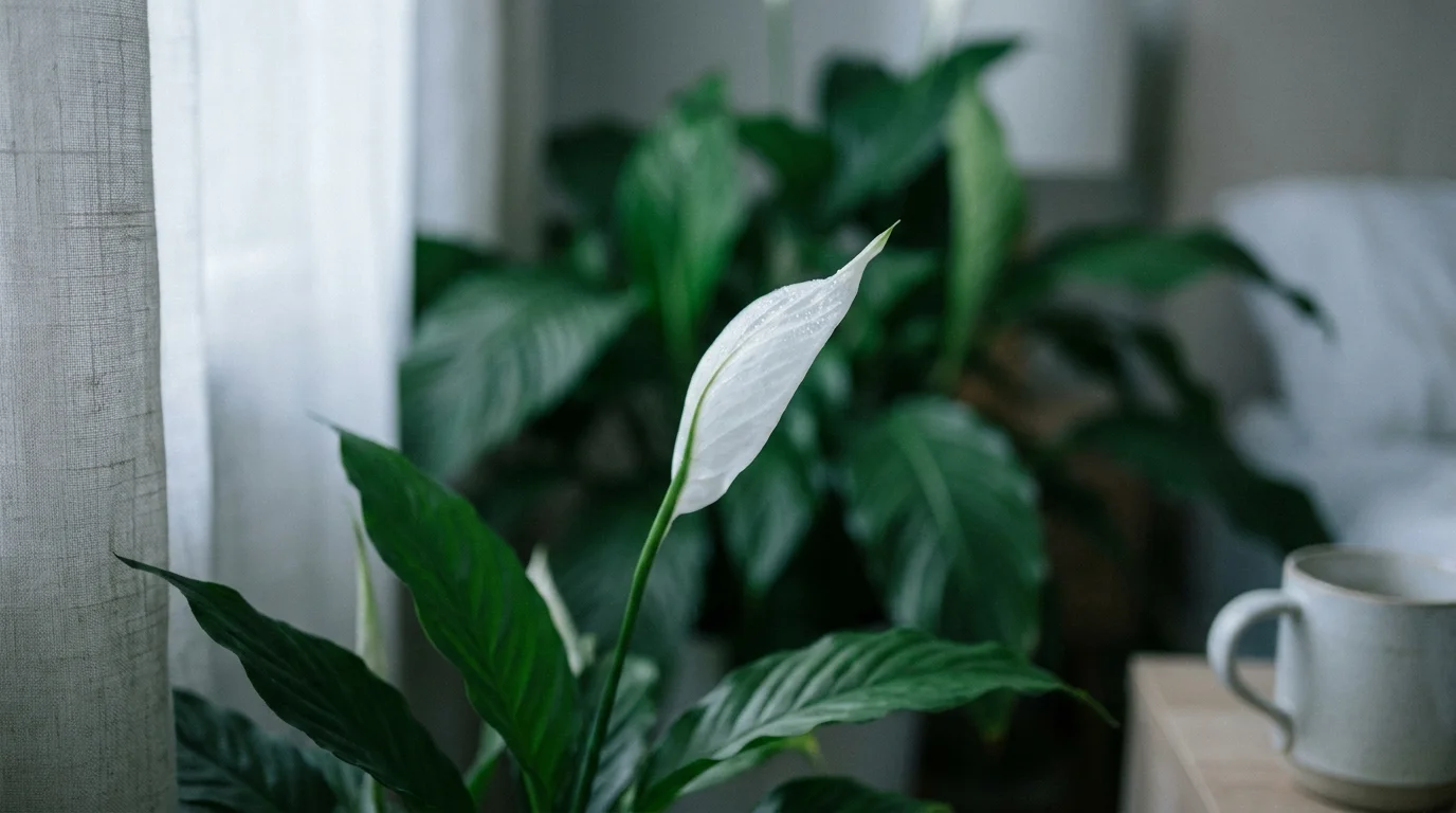 A close-up of a white Peace Lily flower blooming in the soft, low light of a bedroom.