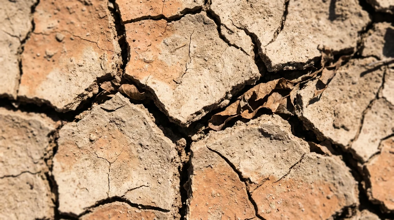 A close-up of dry, cracked clay soil forming a hard crust in a garden bed.