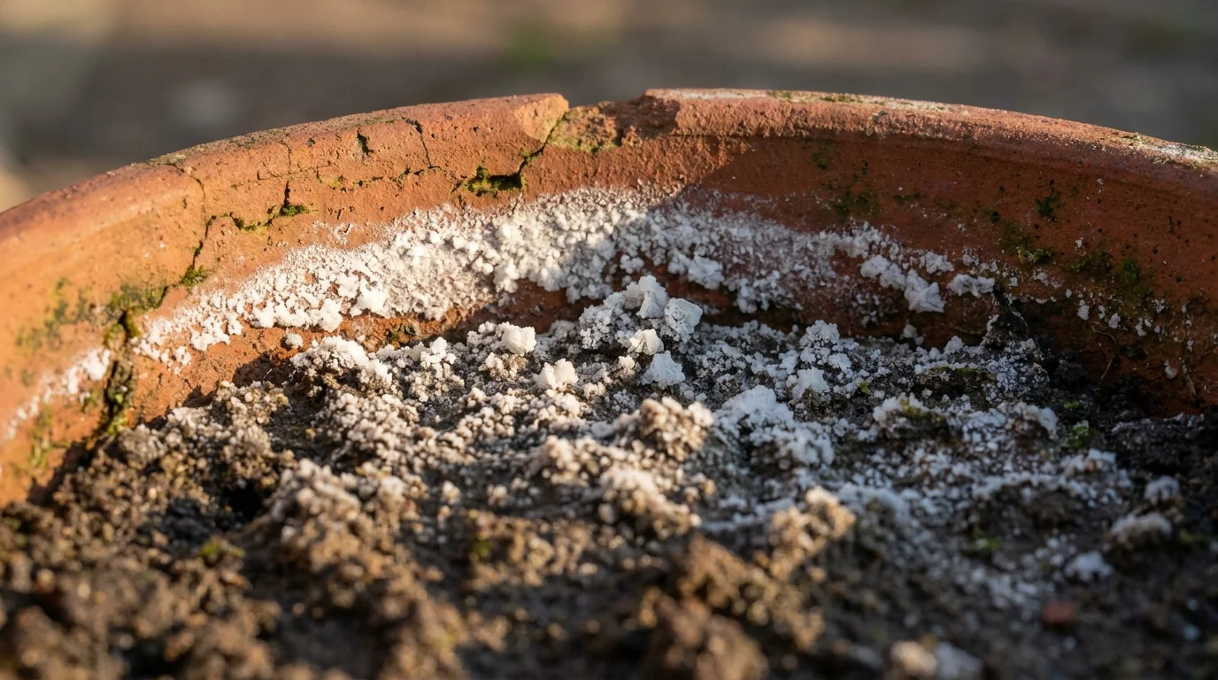 A close-up of white, chalky mineral deposits on the surface of garden soil and a terracotta pot.