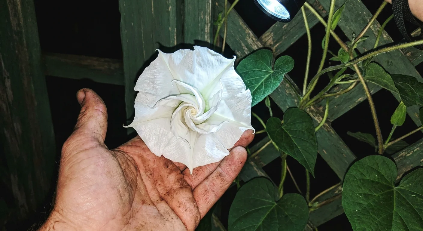 A close-up photo of a large white moonflower bloom being held by a gardener at night.