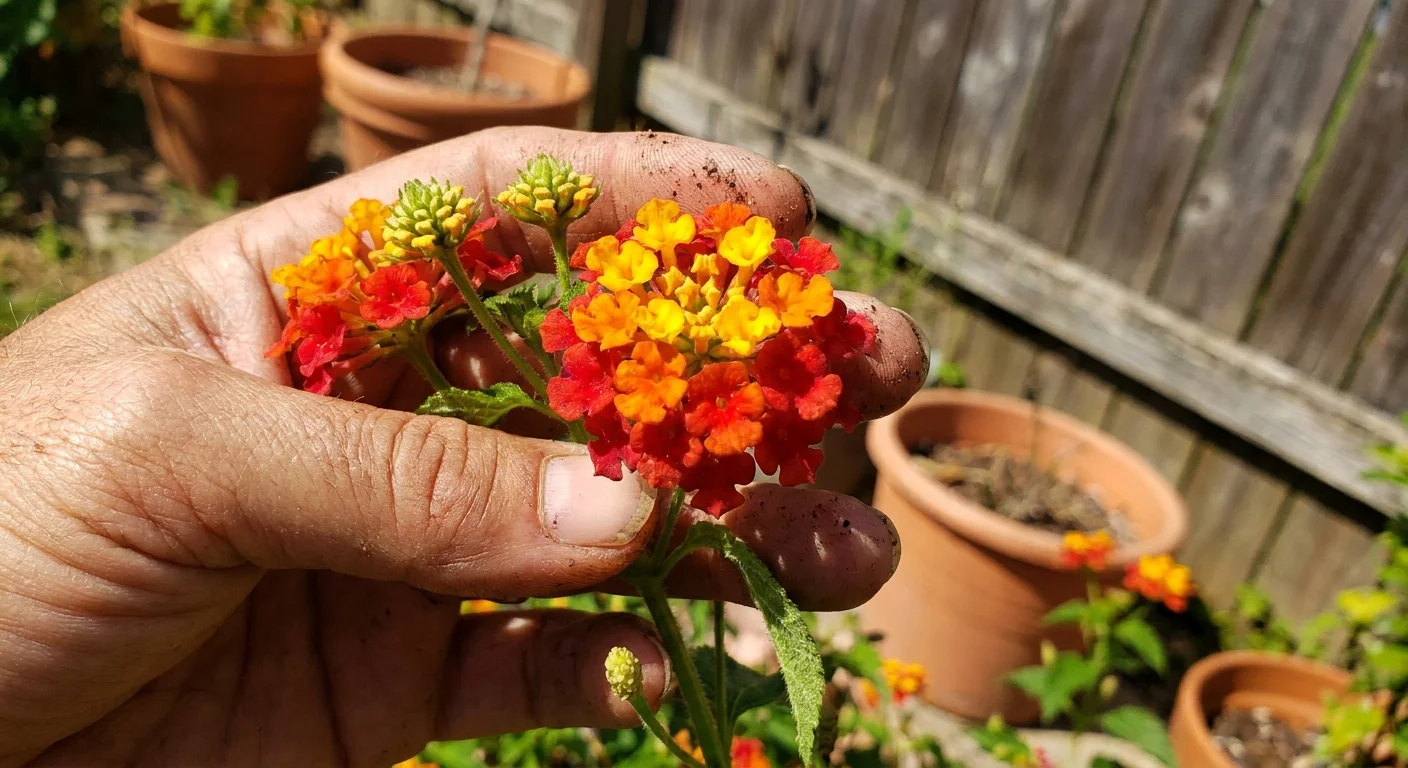 A close-up photo of a multi-colored Lantana flower cluster being held by a gardener in a sunny backyard.