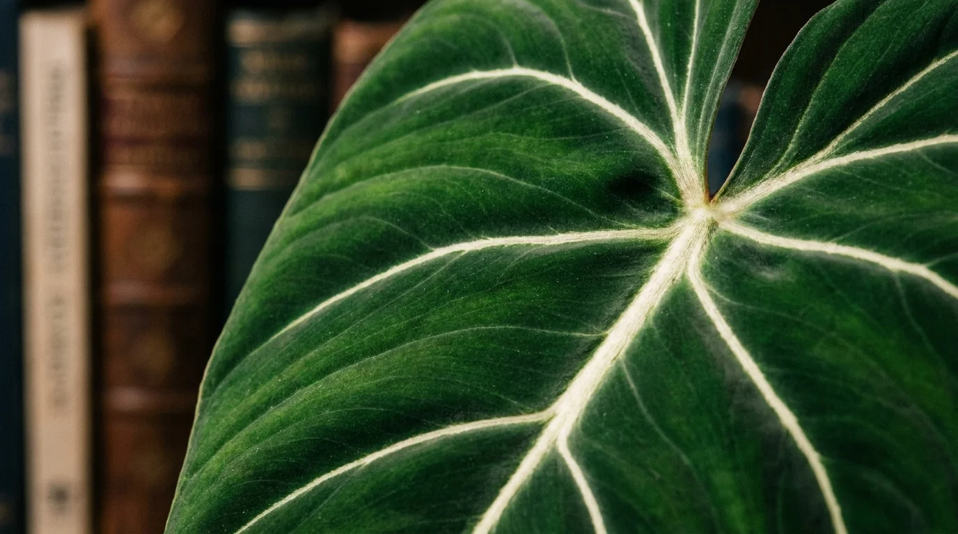 A close-up photo of a Philodendron Gloriosum leaf showing its velvet texture and bright white veins.
