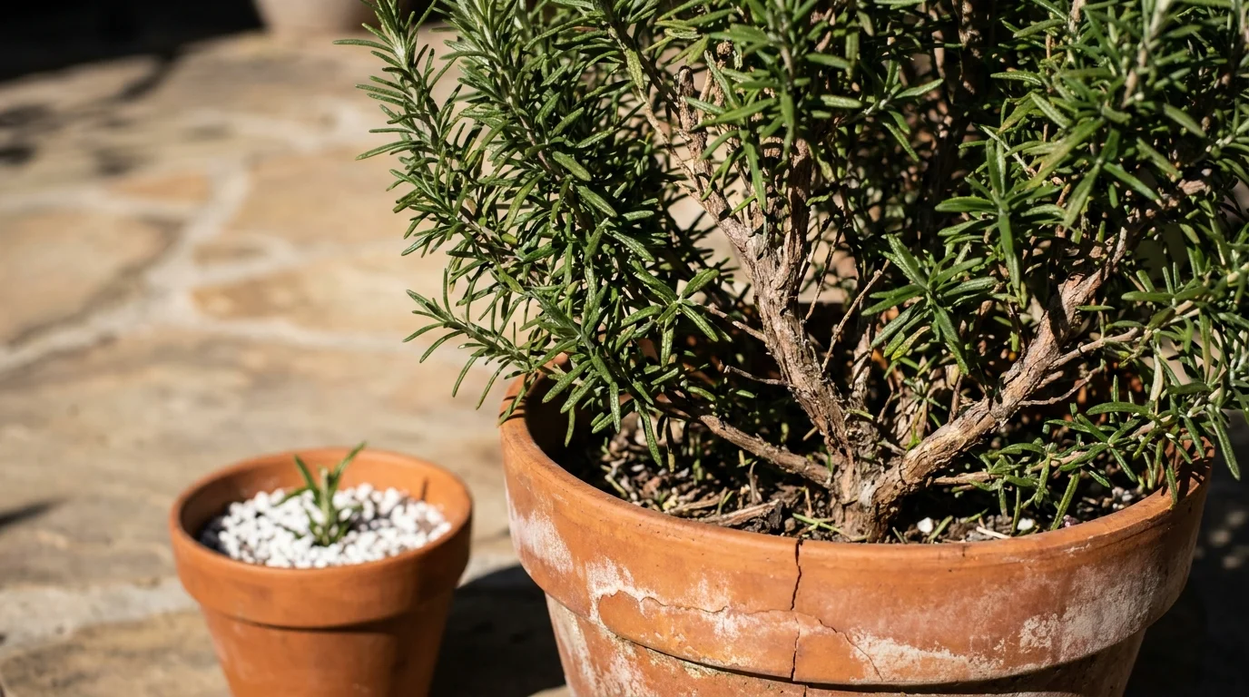 A close-up photo of a rosemary bush in a terra cotta pot on a sunlit stone patio.