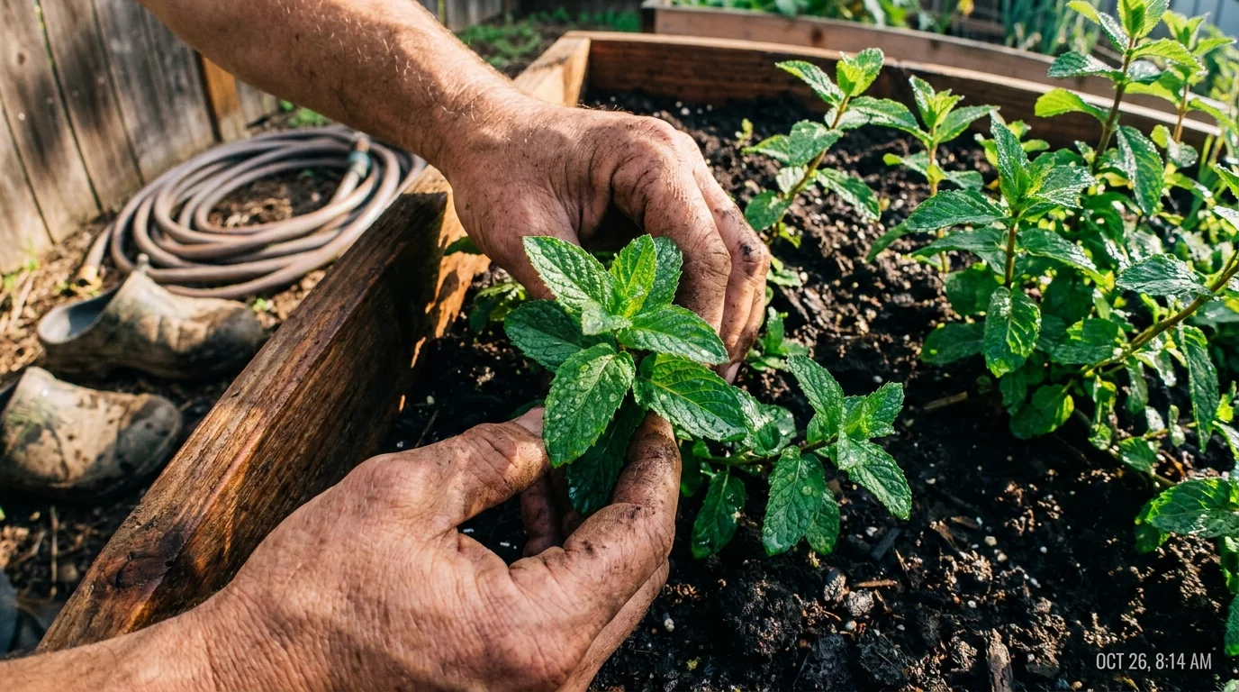 A close-up photo of hands harvesting fresh peppermint leaves from a garden bed in the morning sun.