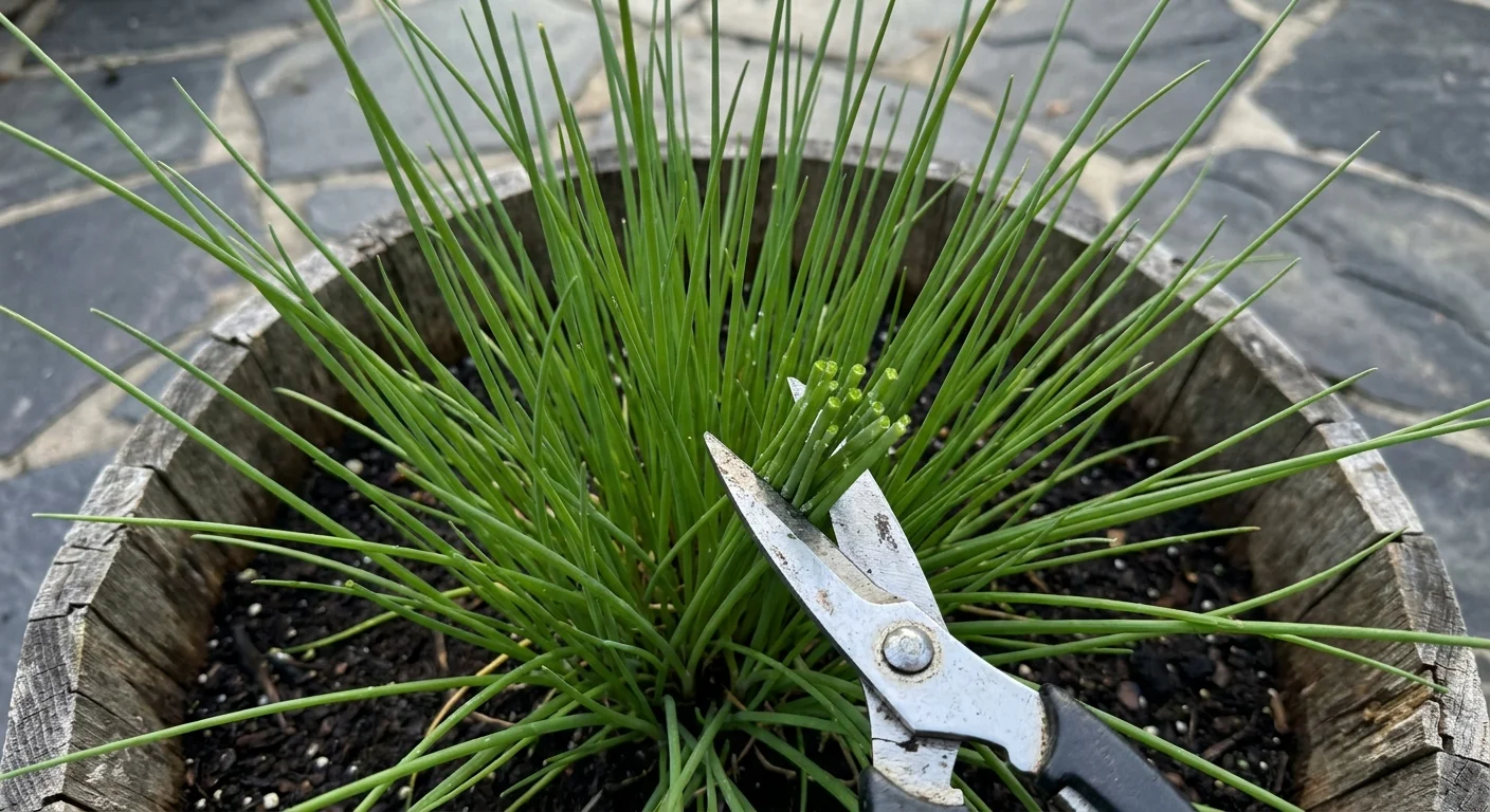 A close-up photo of kitchen scissors harvesting fresh green chives from a small wooden barrel pot.