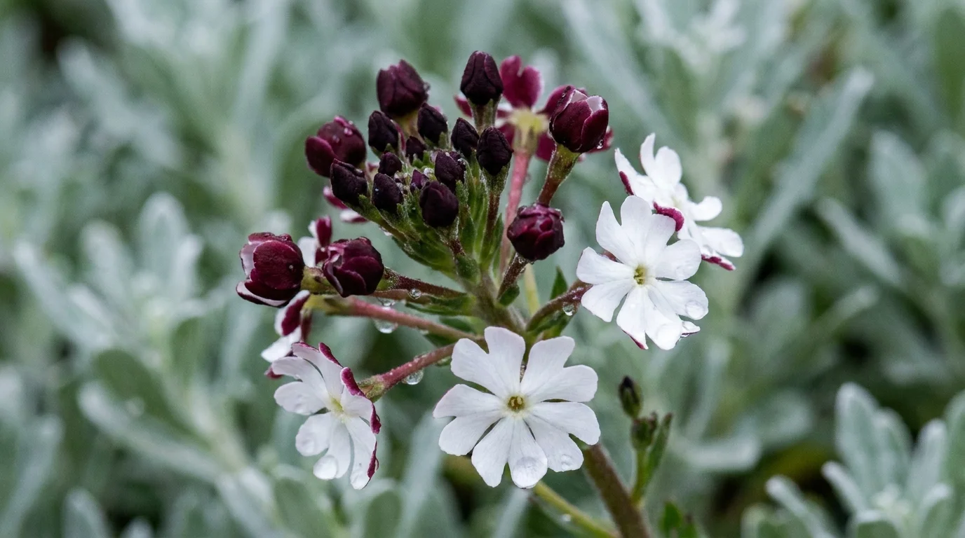 A close-up photo of Midnight Candy flowers showing dark maroon buds and small white opened blossoms.