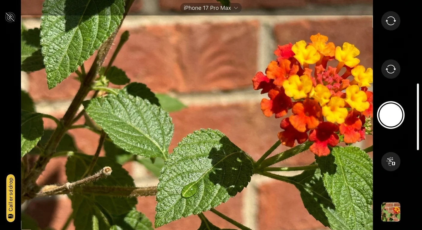 A close-up photo of multi-colored lantana flowers blooming against a sun-drenched brick wall on a balcony.