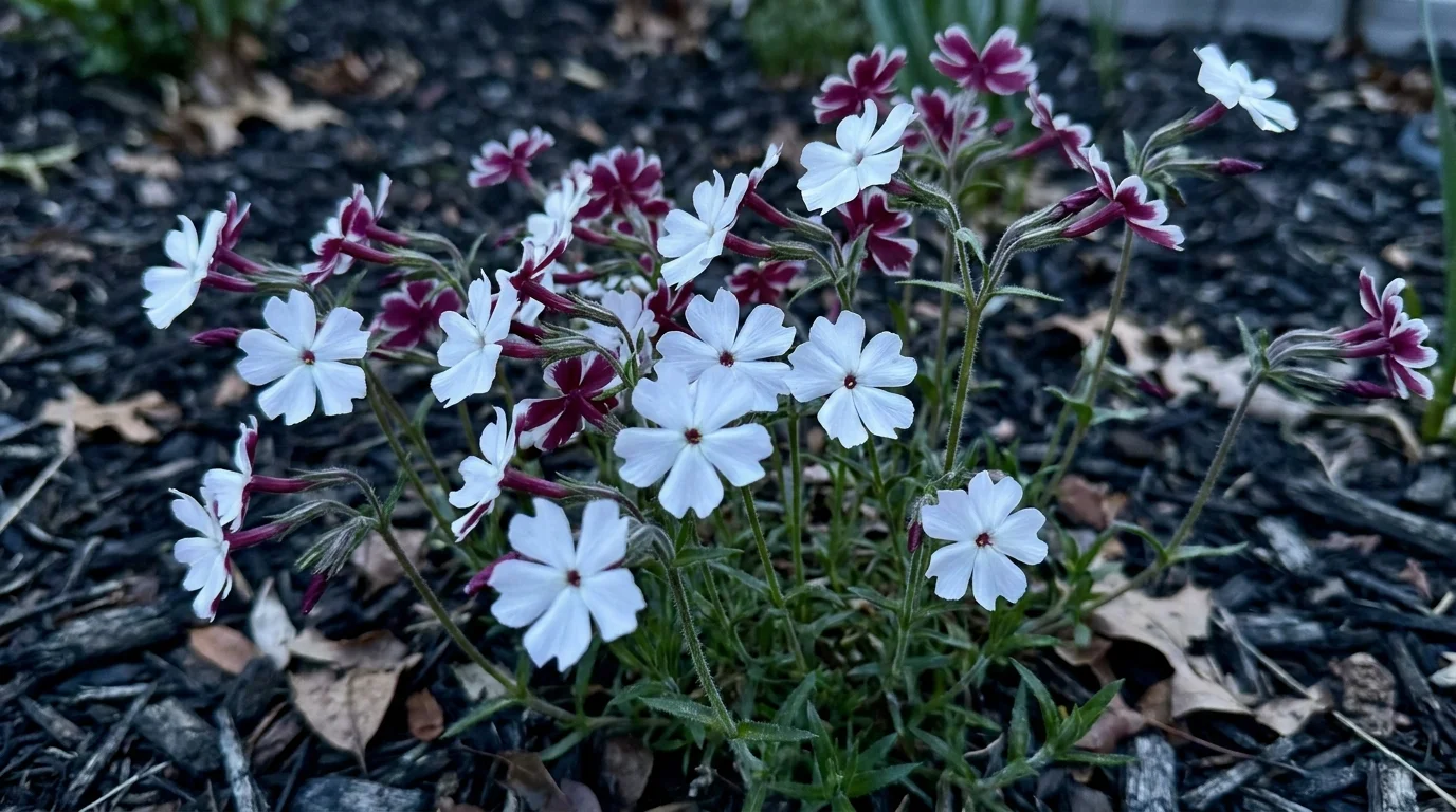 A close-up photo of small white night phlox flowers with maroon undersides, blooming in a dark garden.