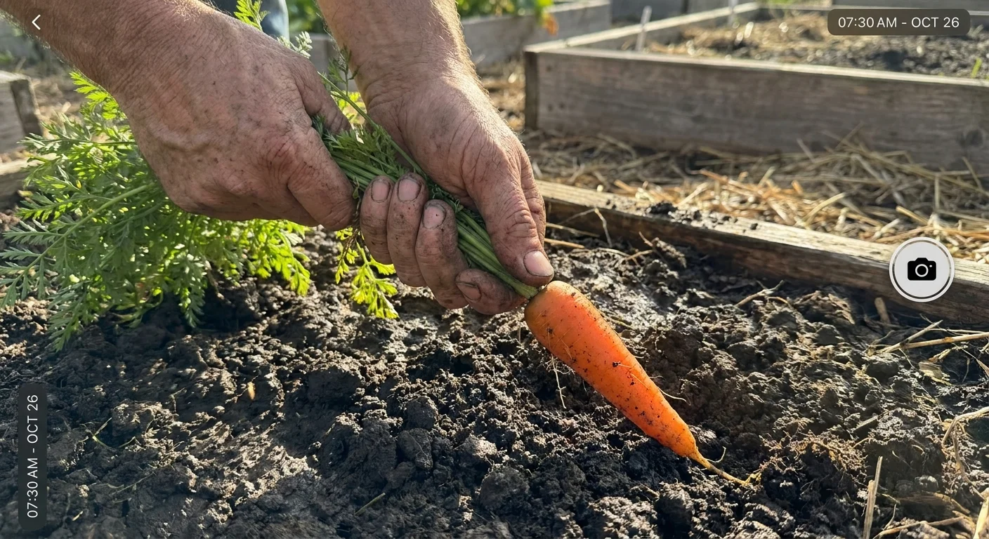 A close-up photograph of a gardener's soil-stained hands pulling a fresh orange carrot from dark, moist earth.