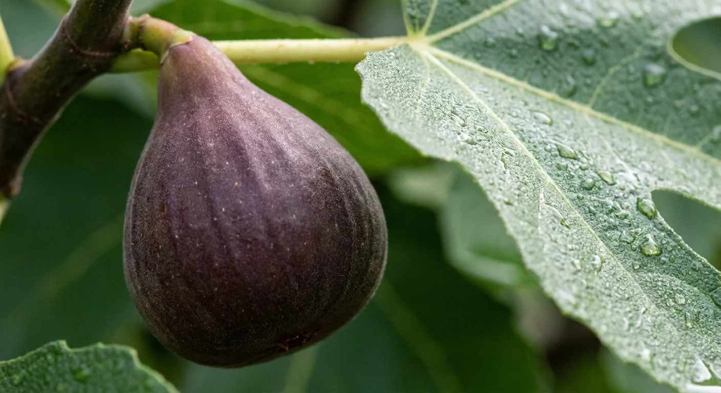 A close-up photograph of a ripening Brown Turkey fig hanging among large, green lobed leaves with water droplets.