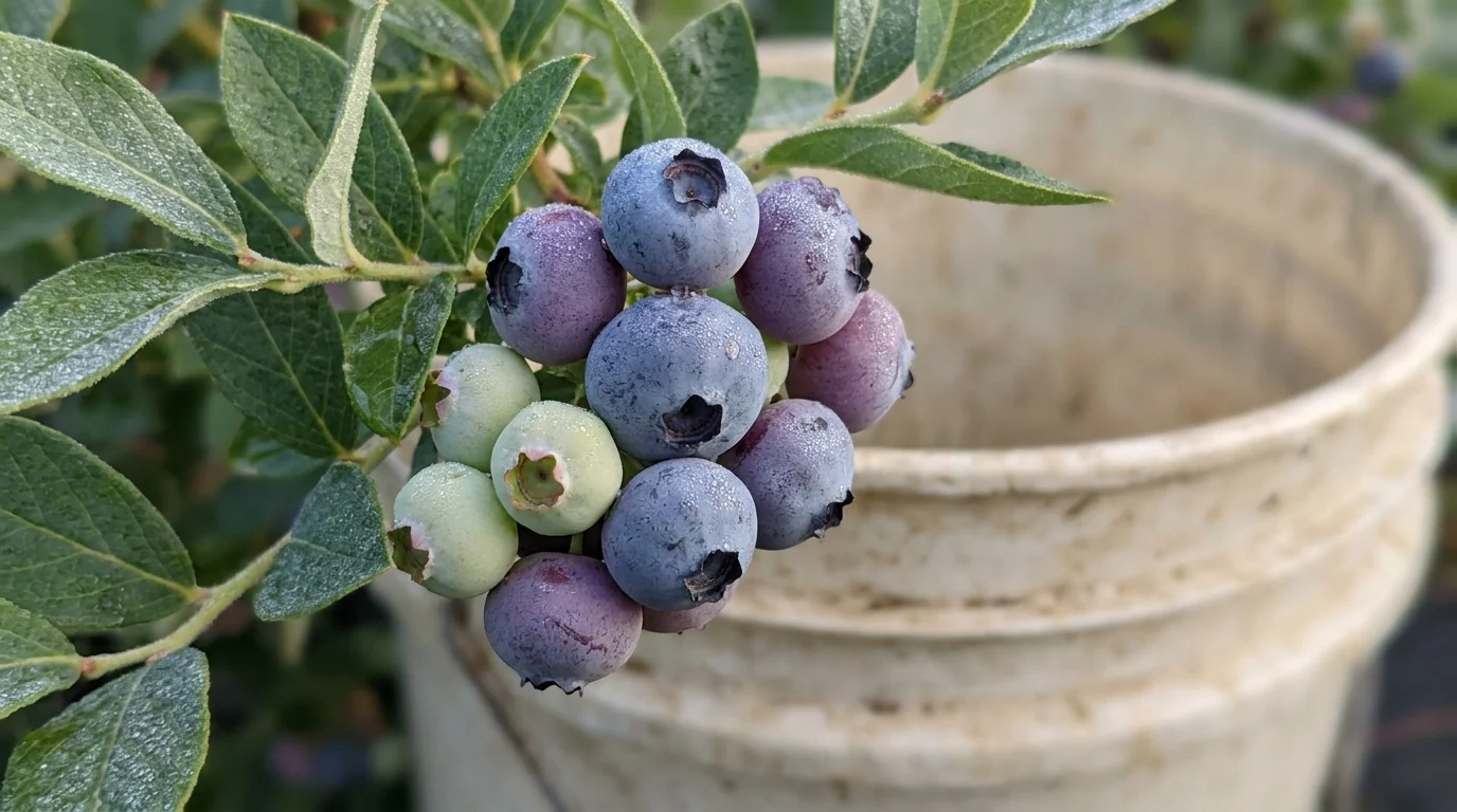 A close-up photograph of blueberries ripening on a bush inside a white container.