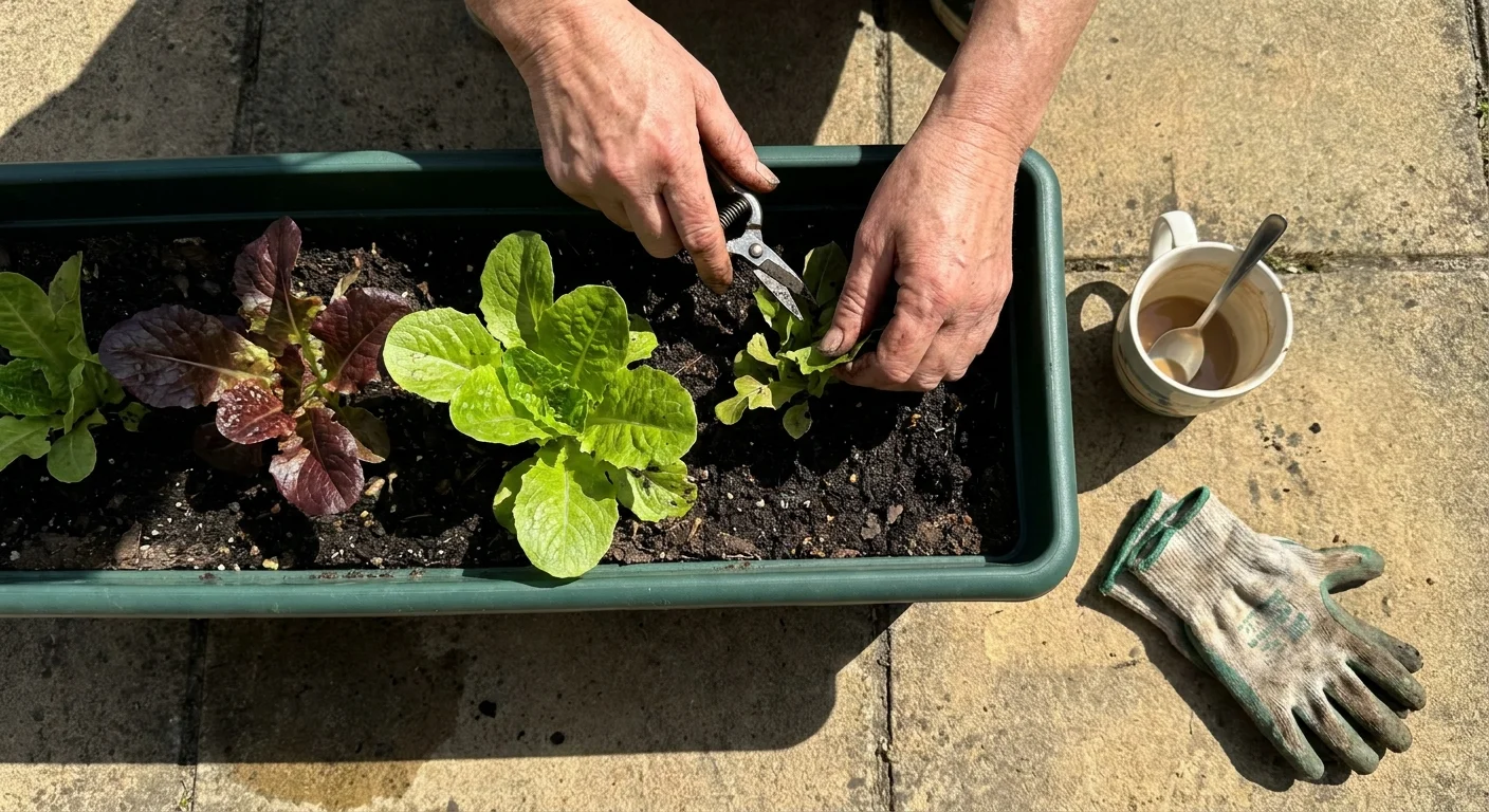 A close-up shot of hands harvesting individual red and green lettuce leaves from a window box container.