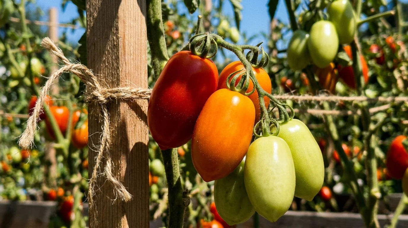 A cluster of ripening tomatoes in various stages of red and green, tied to a wooden stake in a garden.