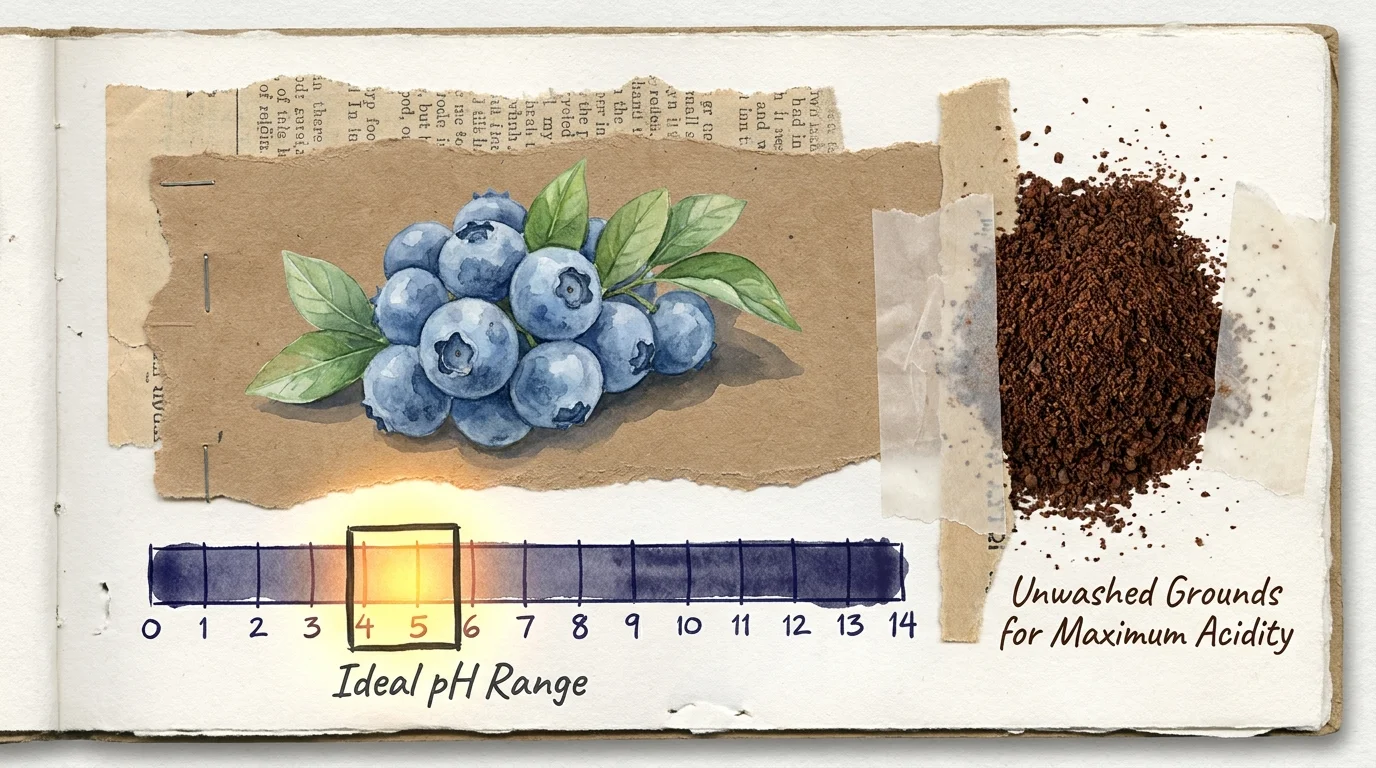 A collage showing blueberries, a pH scale highlighting 4.5 to 5.5, and a note about using unwashed coffee grounds.
