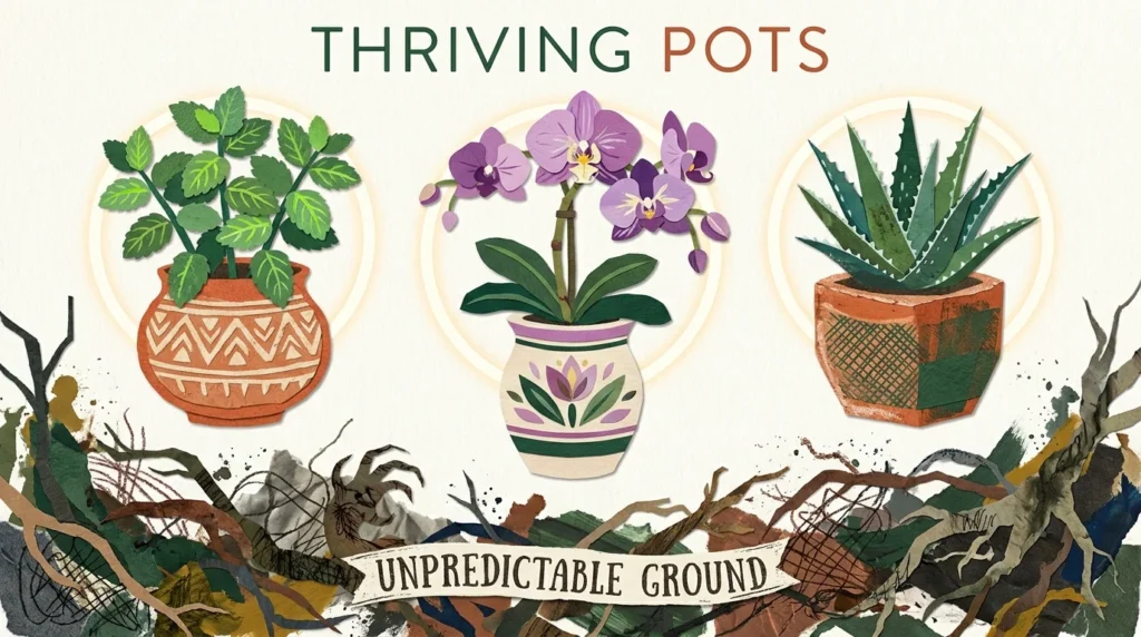 A collage showing wild, tangled roots in the ground contrasted with three bright, healthy plants thriving in orderly pots above.