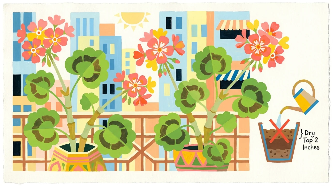 A colorful gouache illustration of pink geraniums in a pot, showing their thick stems and scalloped leaves.