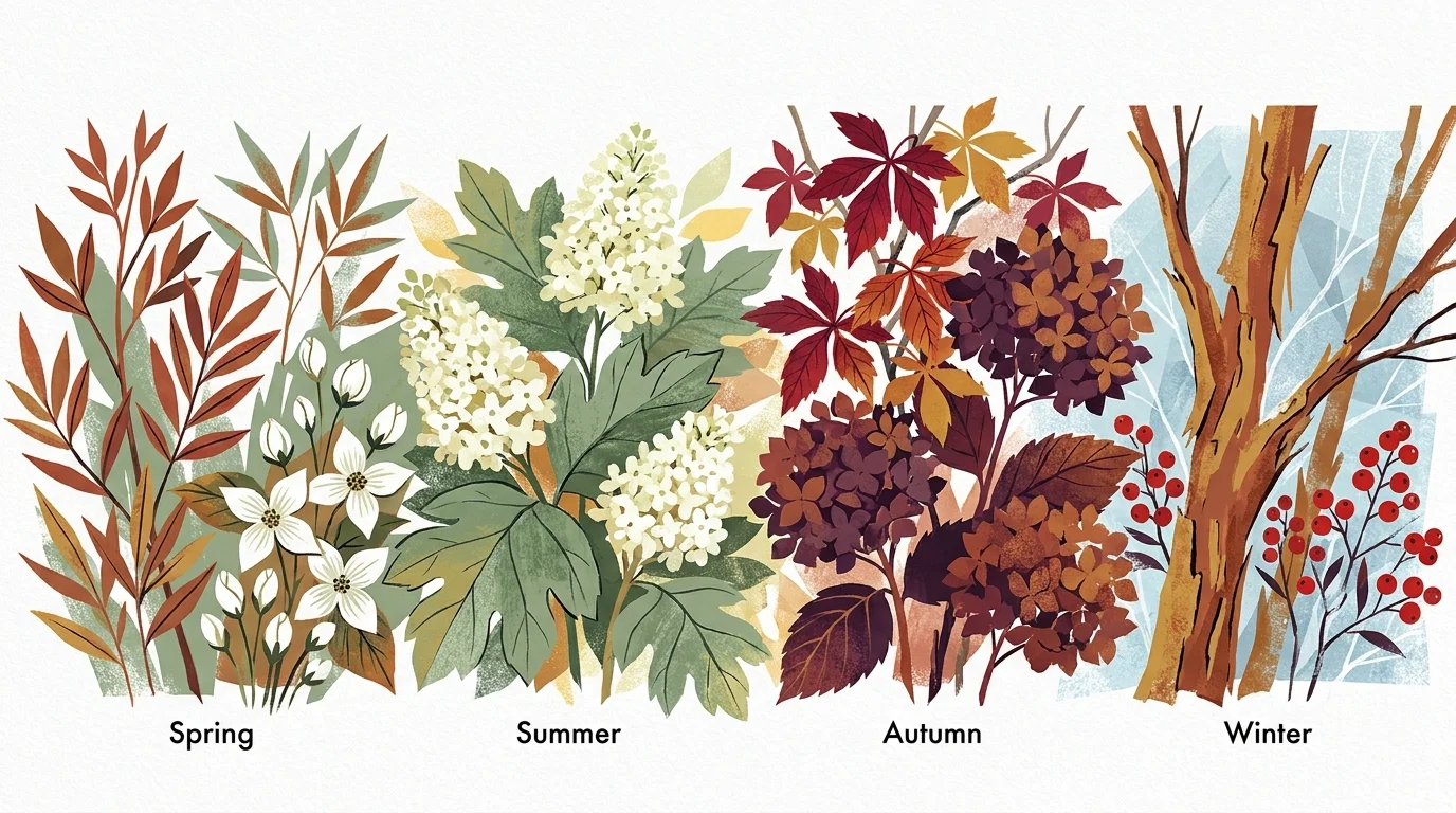 A colorful gouache illustration showing a garden transitioning through four seasons from spring greens to autumn reds and winter bark.