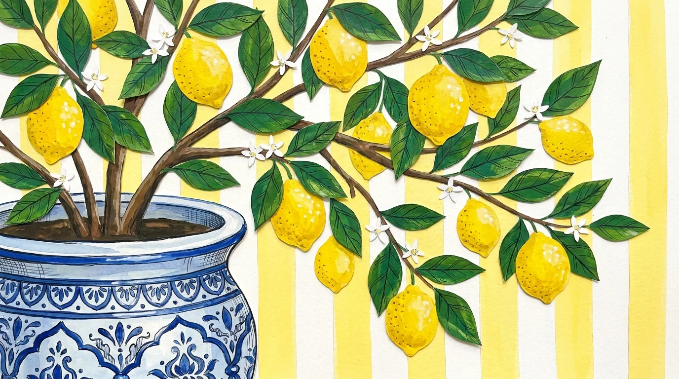 A colorful paper-cut collage of a Meyer Lemon tree with bright yellow fruit in a blue glazed pot.