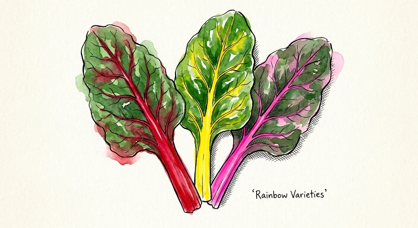 A colorful watercolor drawing of red, yellow, and pink Swiss Chard stalks with large green leaves.
