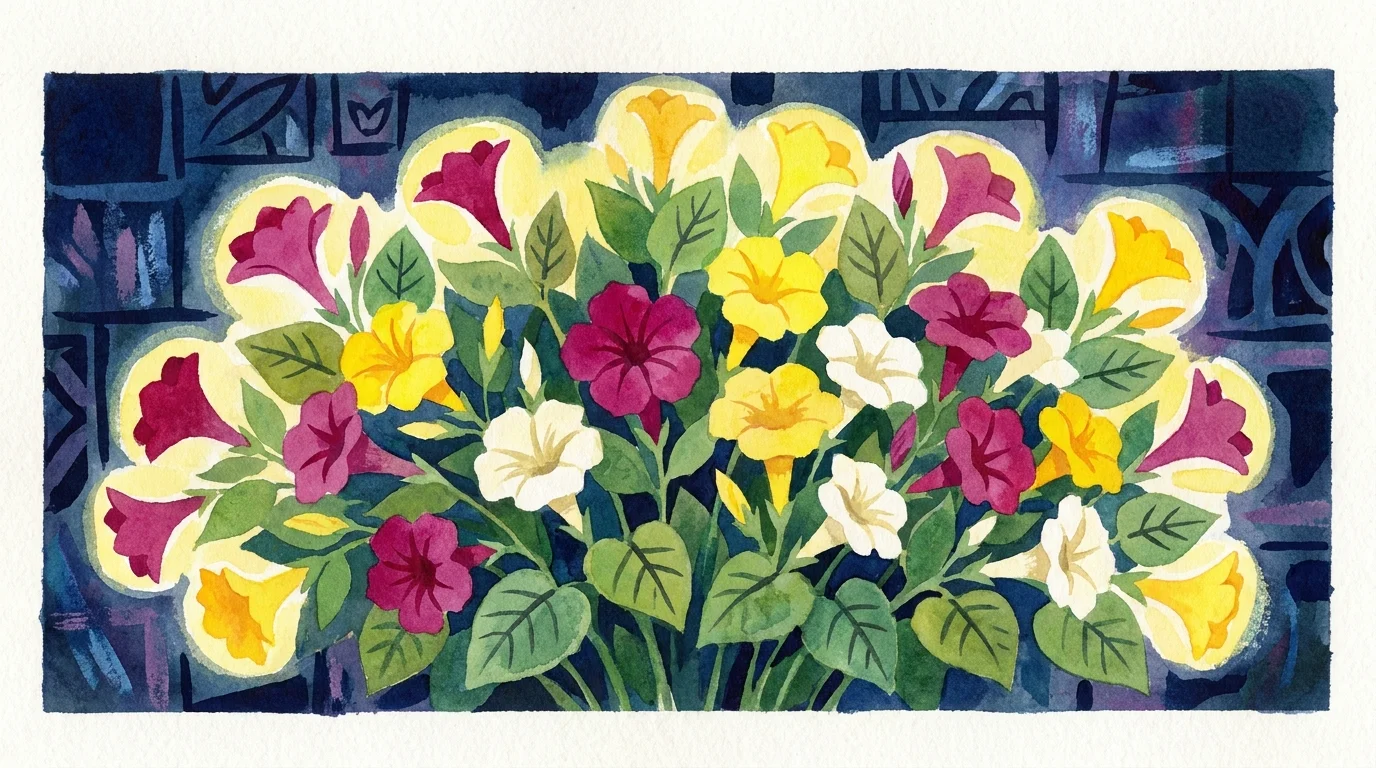 A colorful watercolor illustration of vibrant pink and yellow Four O'Clock flowers blooming against a dark navy background.