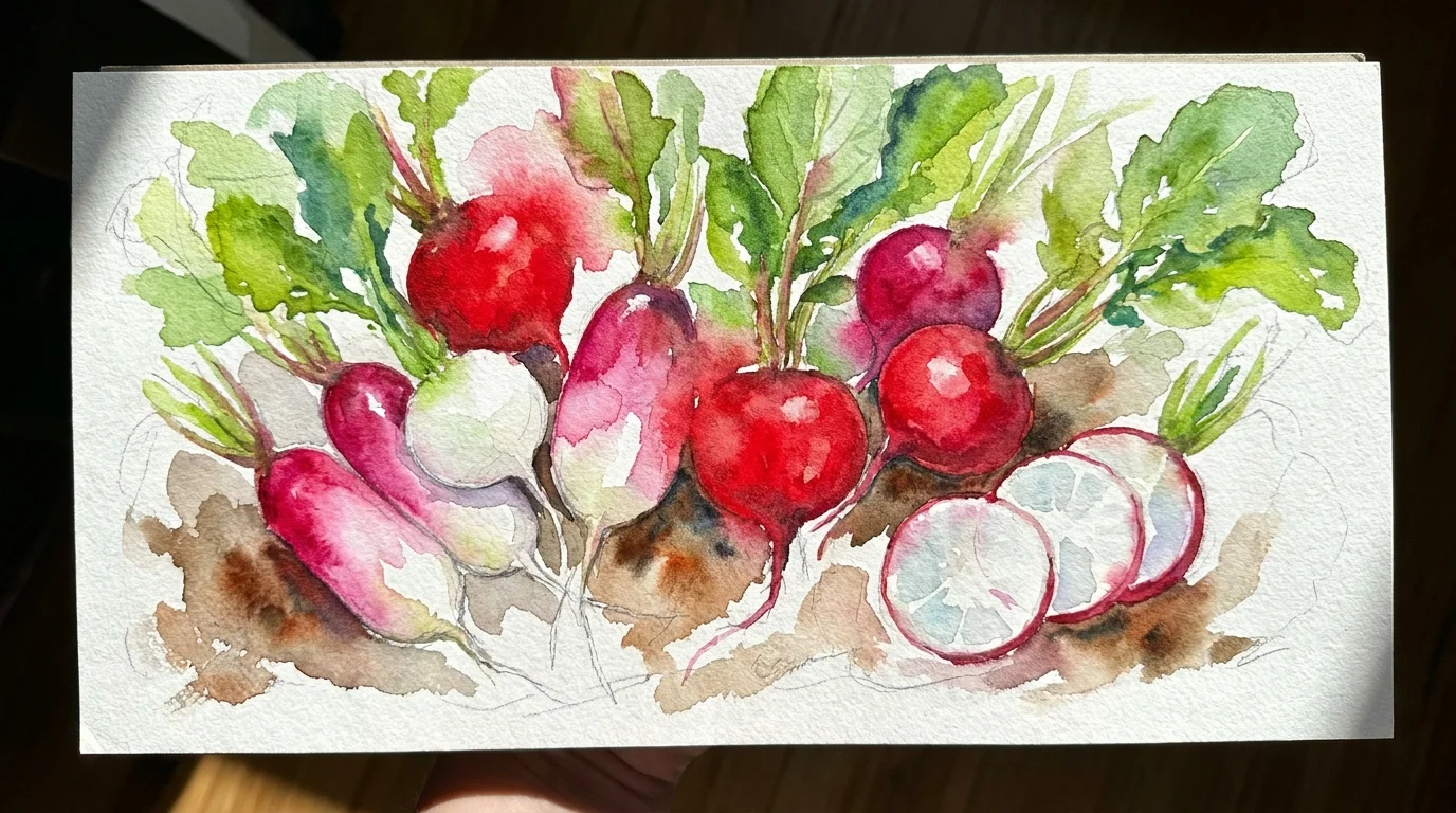 A colorful watercolor painting of different radish varieties, including sliced cross-sections showing their crisp white centers.