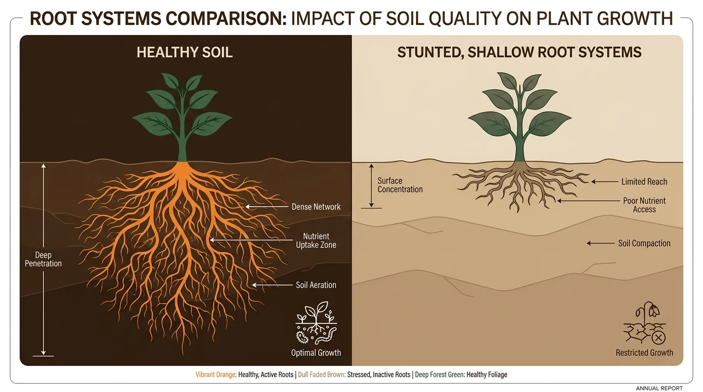 A comparison diagram showing a healthy deep root system versus a stunted, shallow root system.