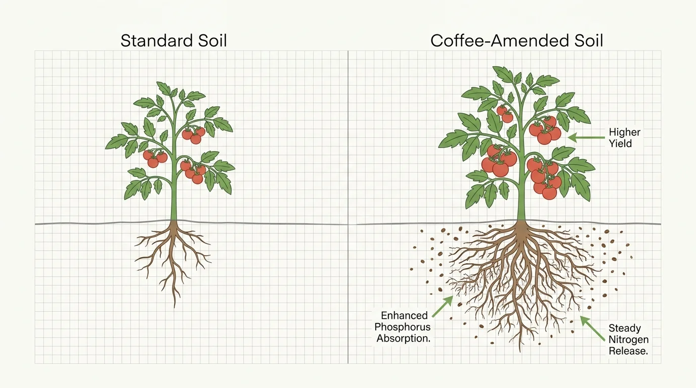 A comparison diagram showing a tomato plant with coffee-amended soil having a larger root system and more fruit.