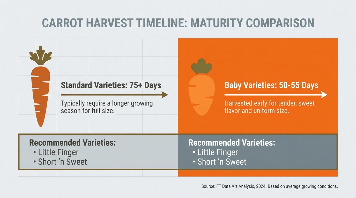 A comparison infographic showing that baby carrot varieties mature significantly faster than standard carrots.