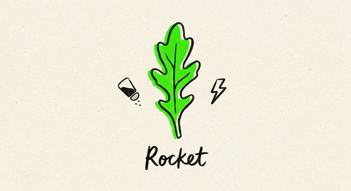 A conceptual illustration of an arugula leaf with icons representing its peppery flavor and fast growth.