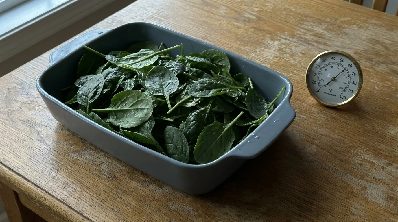 A container of lush spinach leaves indoors with a thermometer showing a cool room temperature.