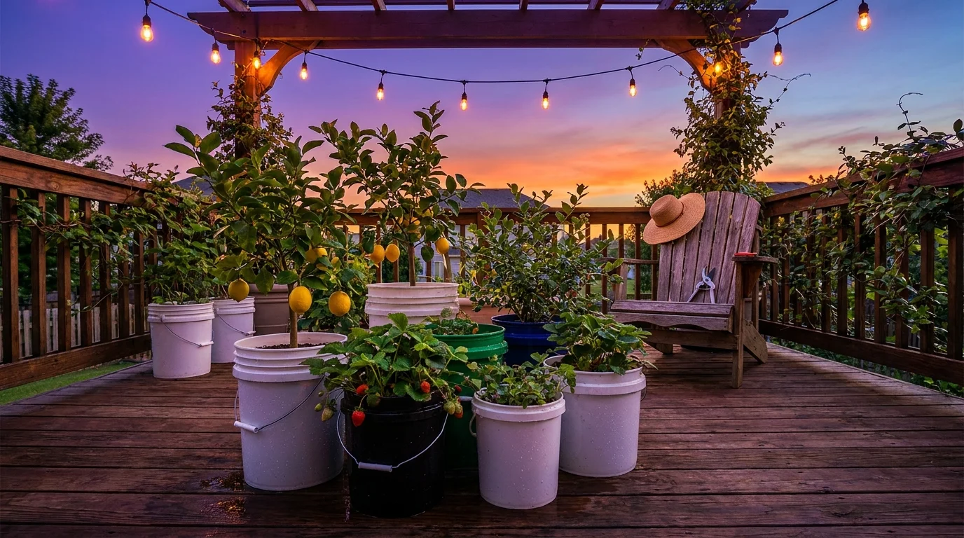 A cozy backyard deck at twilight filled with various fruit-bearing buckets and a comfortable chair.