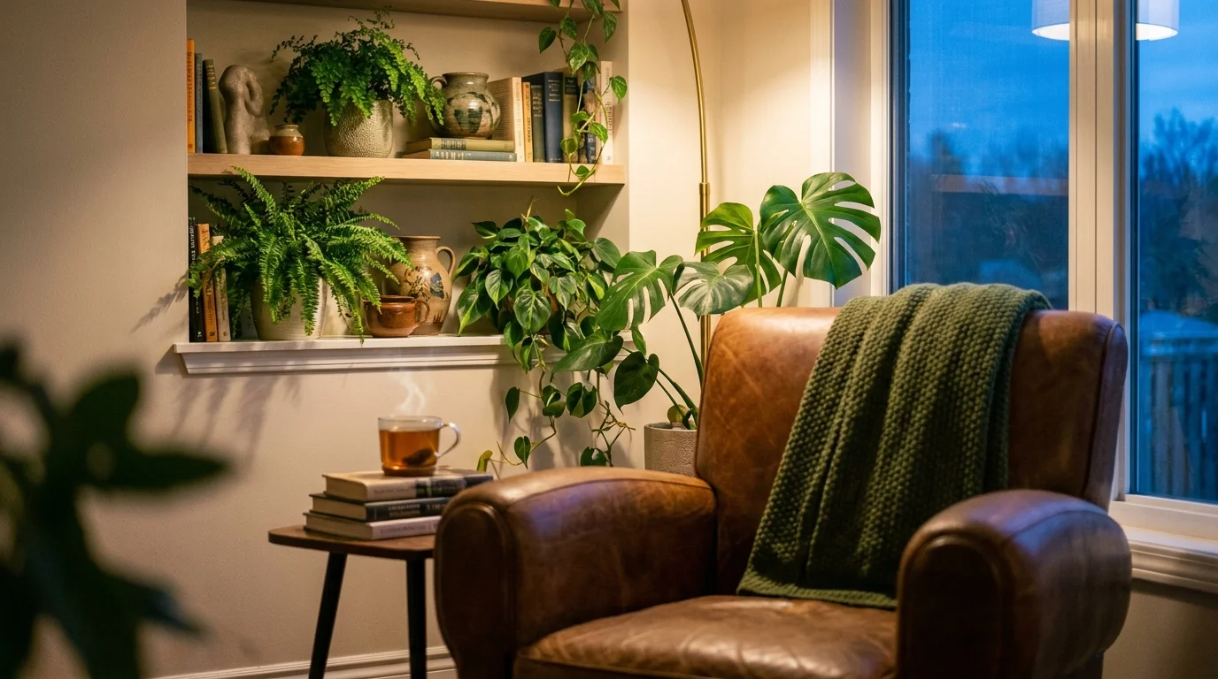 A cozy living room corner with a leather chair and a fully styled, lush plant shelf in the background.