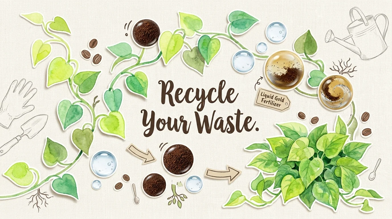 A creative collage of a trailing pothos plant with icons representing coffee grounds and recycling waste.