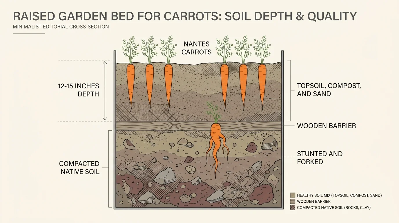 A cross-section diagram showing carrots growing straight in 15 inches of loose soil compared to stunted carrots in compacted ground.