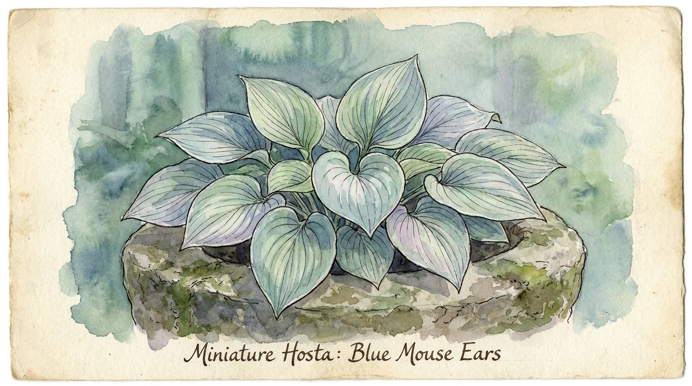 A delicate watercolor painting of a miniature hosta plant with thick, blue-green leaves in a stone pot.