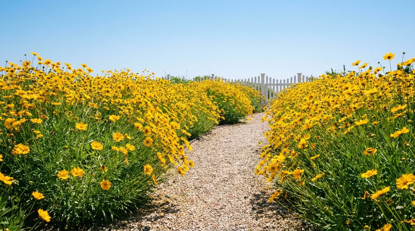 A dense border of bright yellow Tickseed flowers blooming along a garden path under a blue sky.